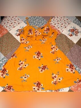 Three Pink Hearts Mustard Floral Ruffle Dress XXL Lined Strappy
